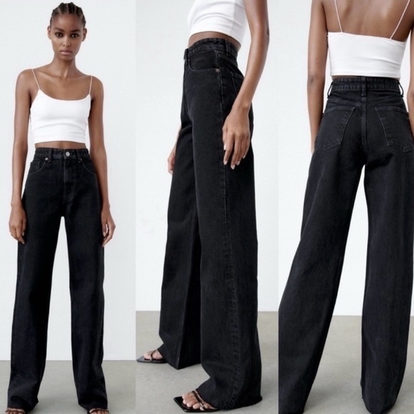 Zara Wide Leg Jeans Raw Hem High Rise Baggy Size 4 Black Minimalist Relaxed - Picture 1 of 11